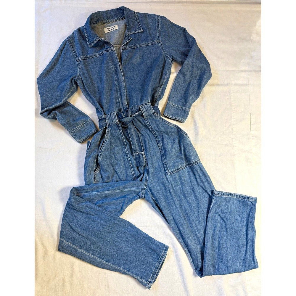 Reformation Jeans Blue Denim Jumpsuit Long Sleeve Collared Belted Pockets 6